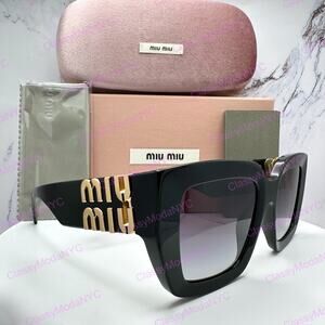 New MIU MIU Sunglasses Black Square 2026 Gold Metal Logo Women Authentic w/ Case